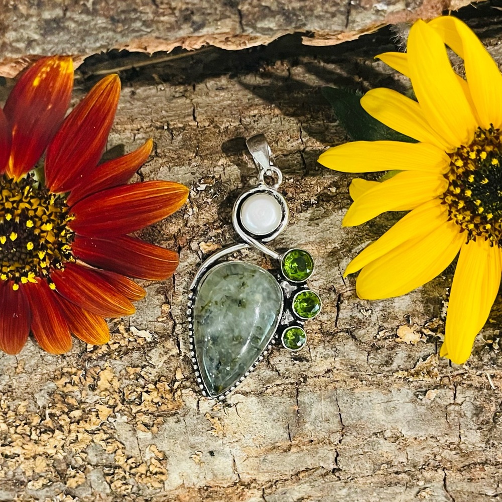Green Jasper Peridot Pearl 925 Sterling Silver Pendant